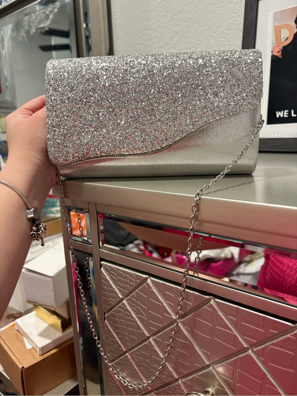 Silver Glitter Evening Clutch with Chain Strap